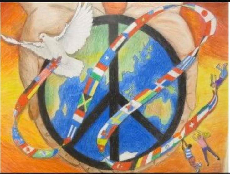 a drawing of a peace sign with people around it and an earth globe in the background