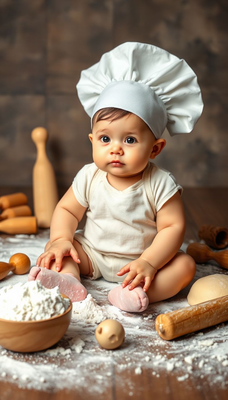 a baby sitting on the floor in front of some doughnuts and other ingredients