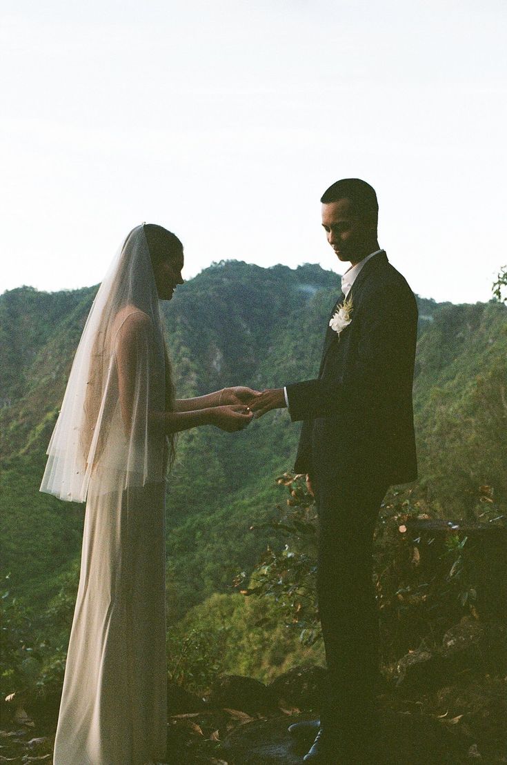 a bride and groom standing on top of a mountain