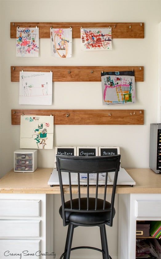 a desk with some pictures hanging on the wall