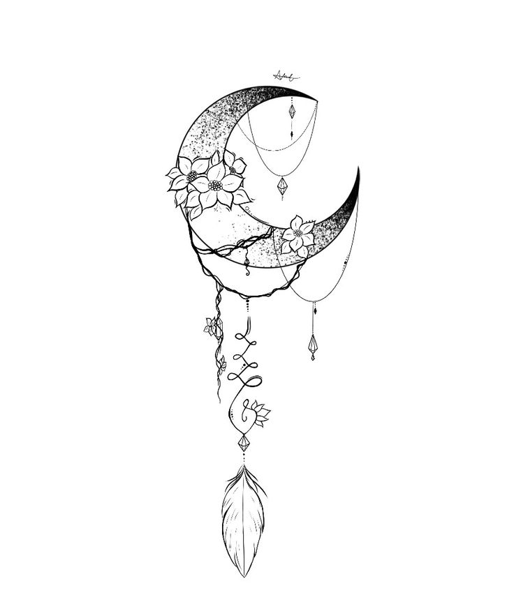 a drawing of a crescent with flowers hanging from it