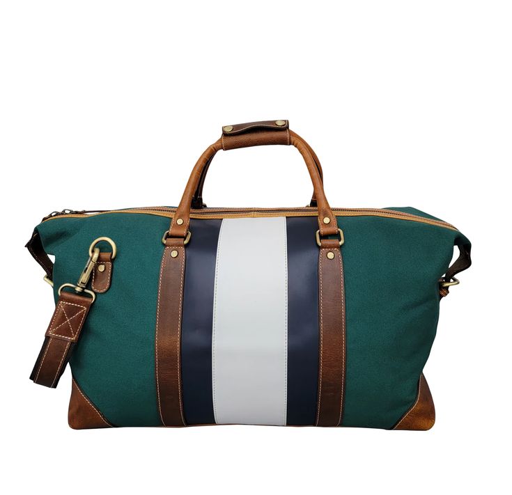 Green Canvas Striped Leather Duffle Bag – FH Wadsworth Canvas Duffel Bag, Canvas Weekender Bag, Leather Duffle Bag, Leather And Canvas, Leather Duffle, Duffel Bags, Blue Camo, Green Camo, Black Canvas