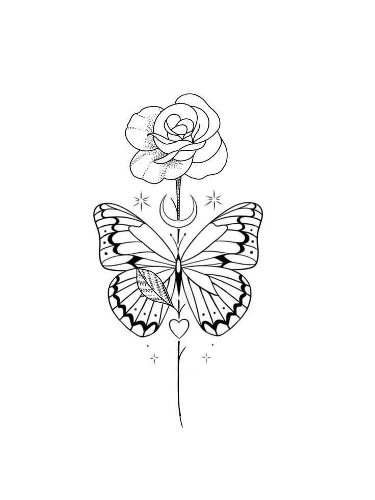 a black and white drawing of a butterfly with a rose