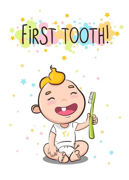 a baby sitting on the floor with a toothbrush in it's hand and an inscription that says first tooth