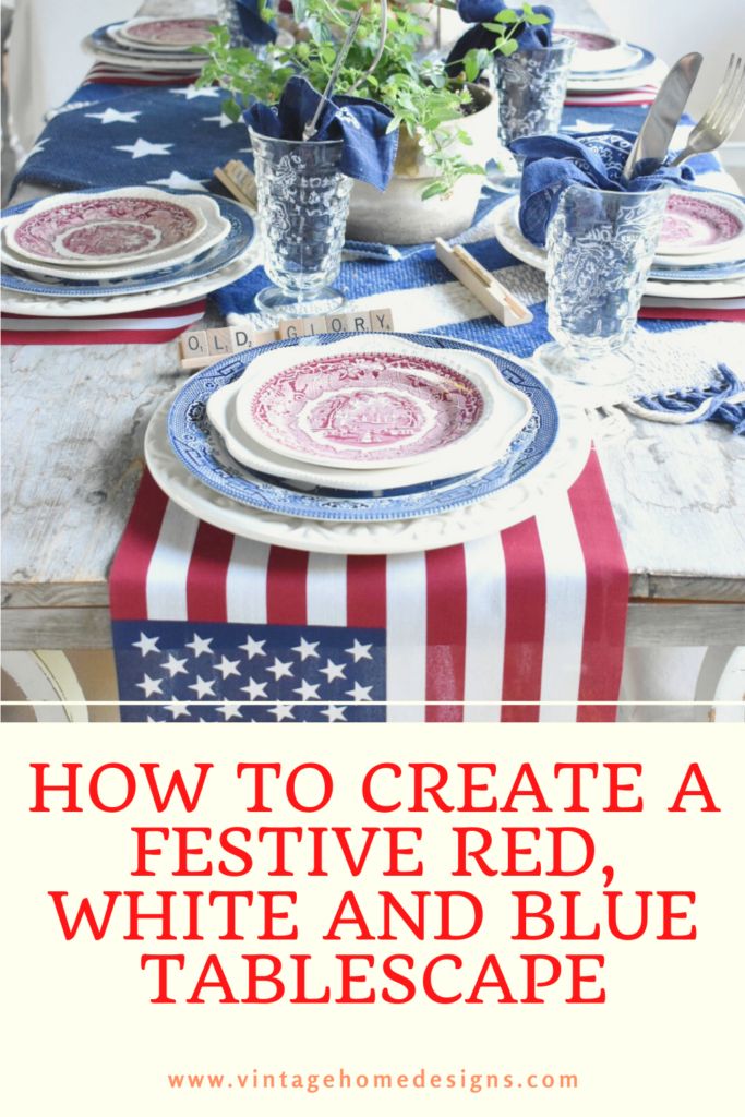 a patriotic table setting with blue and white plates