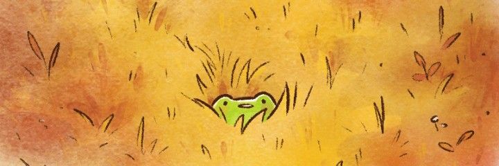 a drawing of a frog in the middle of a field with tall grass and weeds