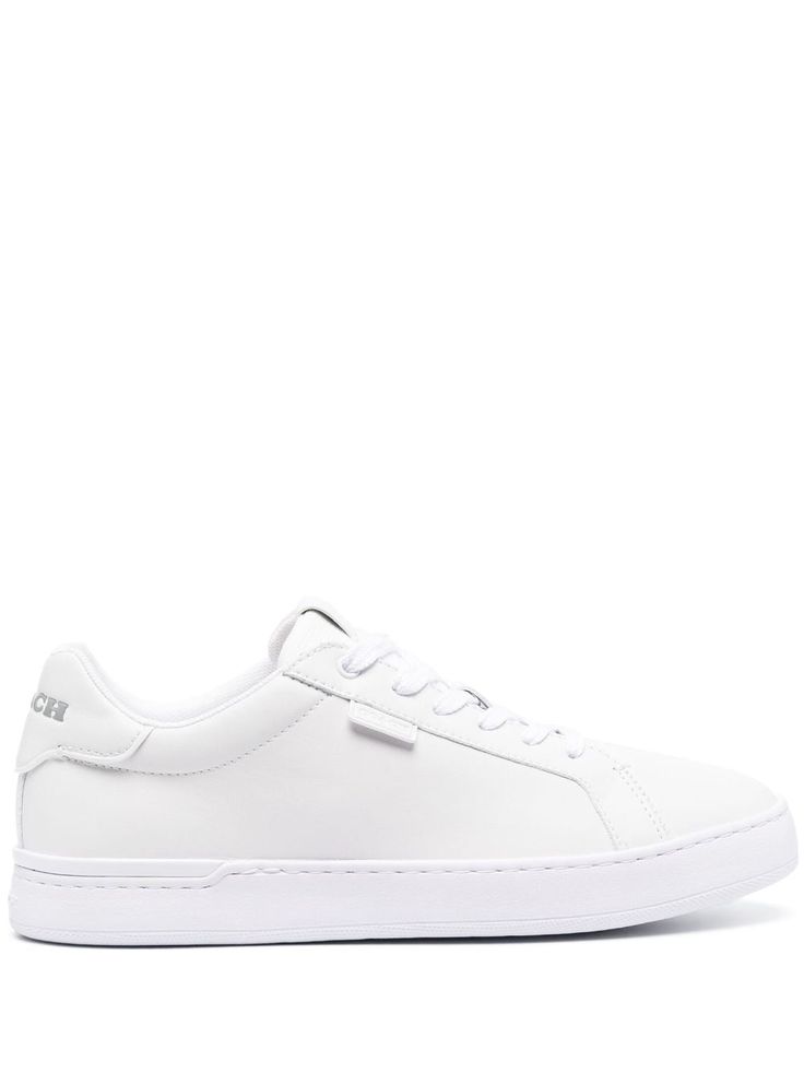 white calf leather embossed logo to the rear round toe front lace-up fastening rubber sole Sporty Low-top Sneakers With Logo Plaque, Casual Sneakers With Logo Plaque And White Sole, Casual Sneakers With Logo Plaque, Sporty Sneakers With Logo Plaque For Streetwear, White Lace-up Sneakers With Logo Plaque, Sporty Streetwear Sneakers With Logo Plaque, Classic Sneakers With Embossed Logo And Round Toe, Sporty Lace-up Sneakers With Logo Plaque, White Sneakers With Logo Plaque For Streetwear