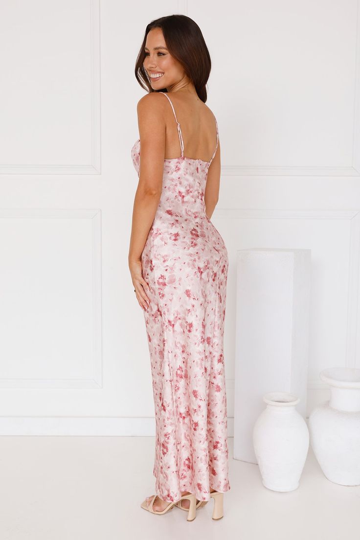 Length from bust to hem of size S: 116cm. Chest: 36cm, Waist: 34cm, across front only of size S. Maxi dress. Semi-lined. Model is a standard XS and is wearing size XS. True to size. Non-stretch. Satin. V-neckline, wire. Straight, flowy silhouette. Zipper with hook eye closure. Cold hand wash only. Print placement may vary. Polyester. You're going to feel fabulous, lovely. The Pretty Play Satin Maxi Dress features a structured V-neckline, a straight, flowy silhouette and a gorgeous pattern. Style First Day Outfit, Bridal Shower Dress, Shower Dresses, Maxi Dress Wedding, Satin Maxi, Dresses Backless, Satin Maxi Dress, Long Sleeve Lace Dress, Pink Maxi Dress