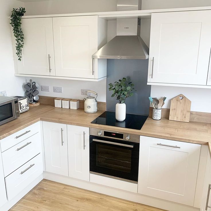 a kitchen with white cabinets and wood flooring is pictured in this image, there is a potted plant on the counter