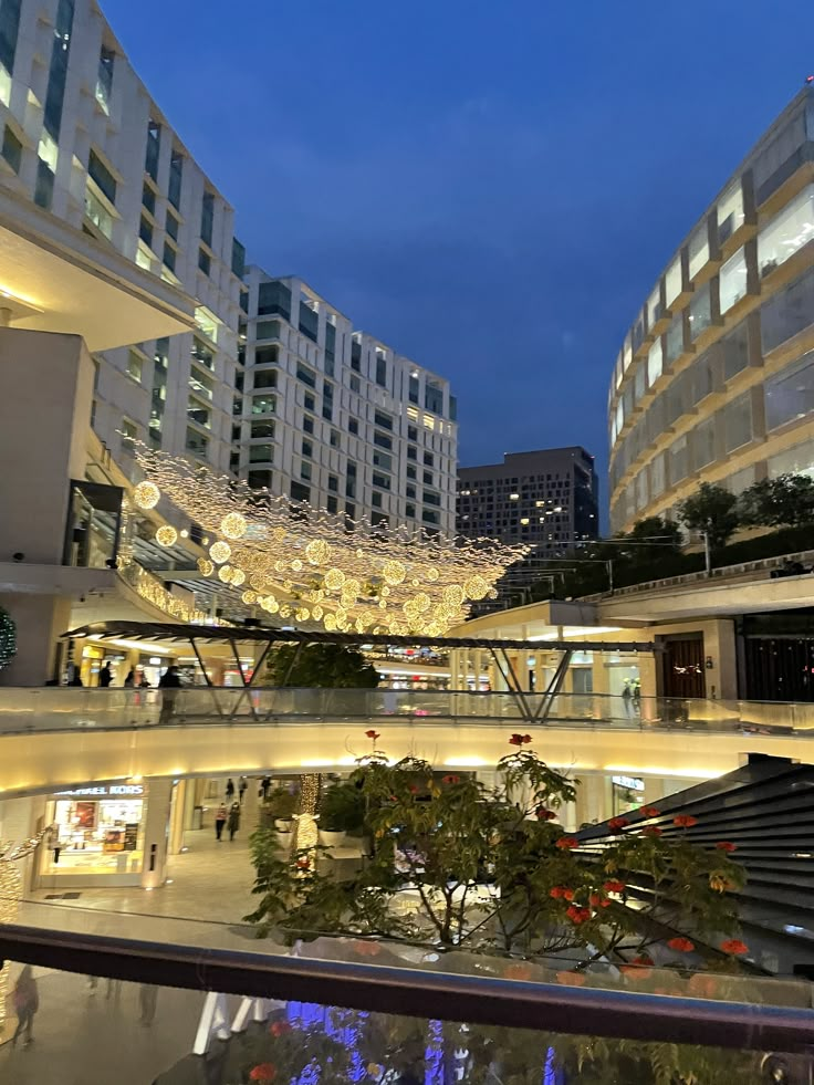 the inside of a shopping mall at night