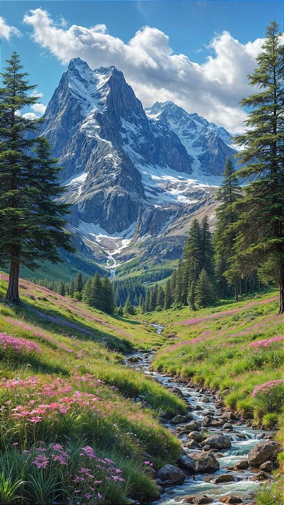 a stream running through a lush green field with mountains in the background on a sunny day