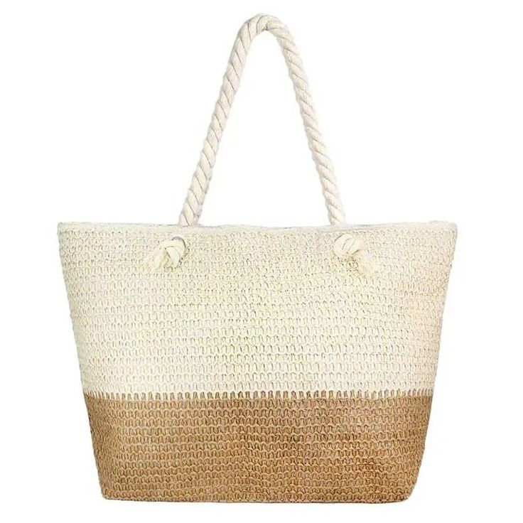 Two Tone Straw Beach Tote Bag, Show your trendy side with this awesome straw beach tote bag. Spacious enough for carrying any and all of your seaside essentials. The straps  helps carrying this shoulder bag comfortably. Perfect as a beach bag to carry foods, drinks, big beach blanket, towels, swimsuit, toys, flip flops, sun screen and more. * Color : White, Beige * Size : 21.6" X 7" X 15.7" * Material : 100% Polyester * One Inside Slip Pocket (6.7" X 5.5") * Zipper Closure * Two Tone Straw Beach Tote Bag Beachy Sand-colored Straw Bag, Casual Jute Bags For Beach Season, Coastal Style Natural Color Bags For Vacation, Natural Color Coastal Style Vacation Bag, Coastal Style Natural Color Vacation Bags, Vacation Jute Shoulder Bag With Large Capacity, Casual Jute Shoulder Beach Bag, Coastal Natural Color Bags For Beach Season, Coastal Natural Color Bag For Beach Season