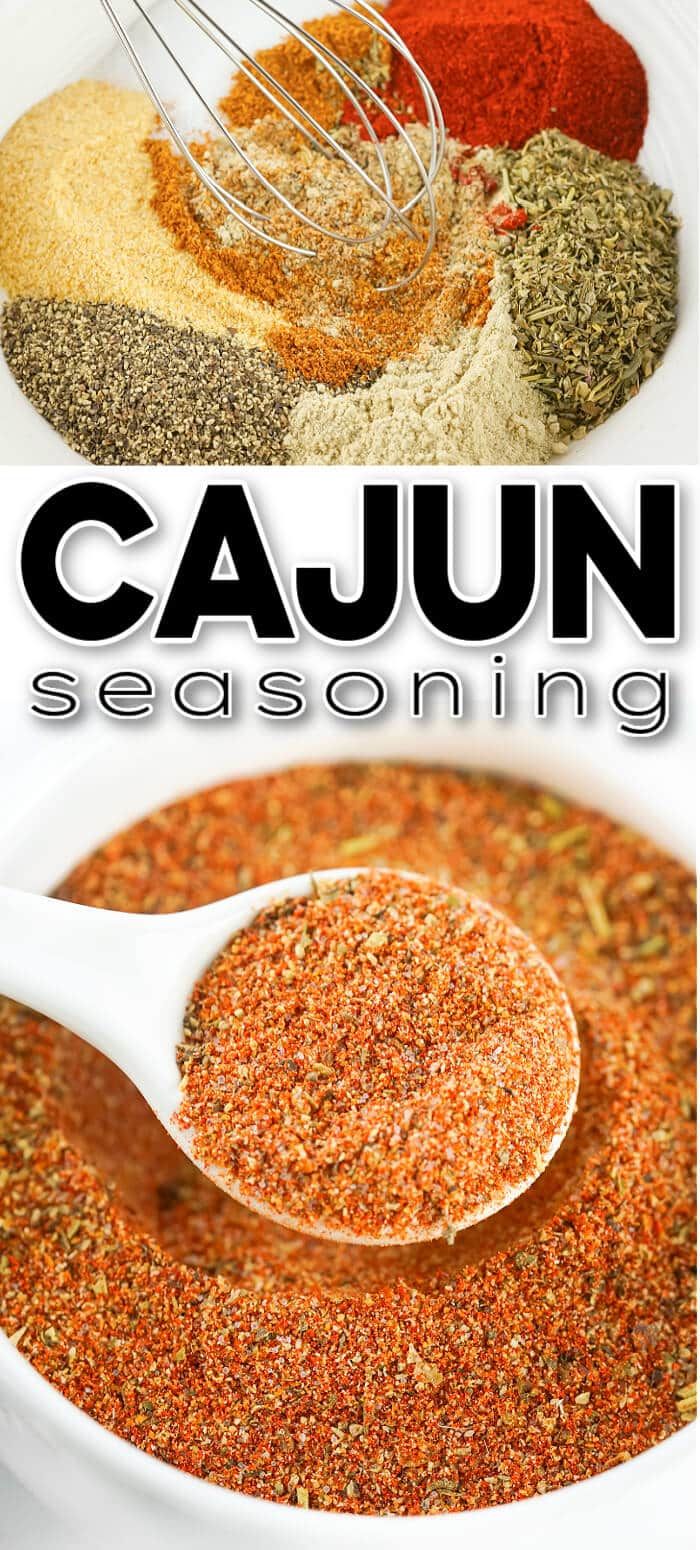 cajun seasoning recipe in a white bowl with spoon and title overlay that reads cajun seasoning