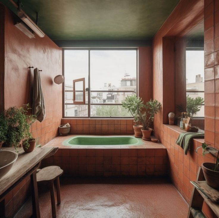 a bath tub sitting next to a window filled with potted plants and greenery