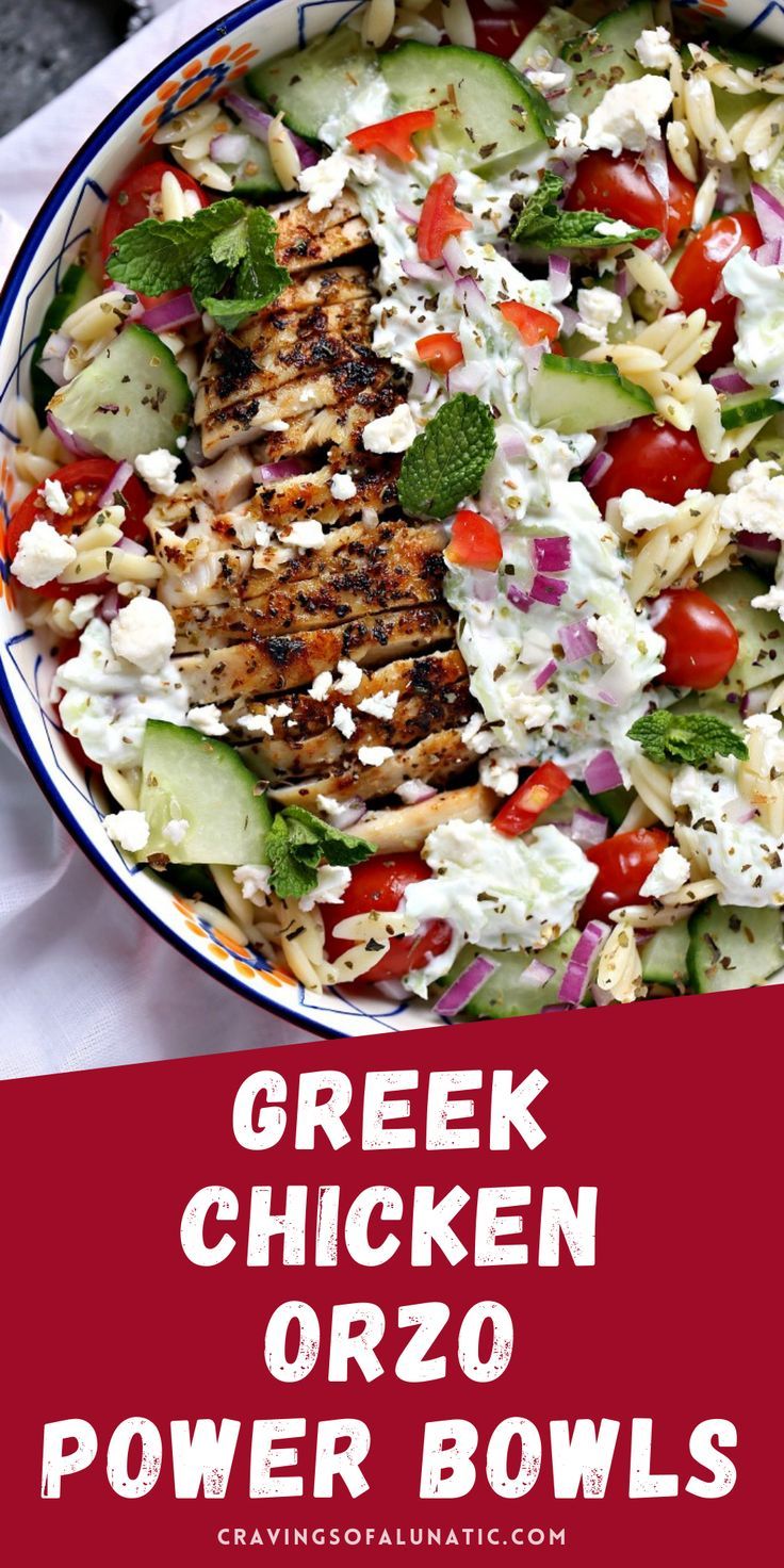 Greek chicken orzo power bowl cooked and served in a bowl with lots of fresh veggies, tzatziki sauce and feta cheese over top. Greek Chicken Orzo, Mediterranean Recipes Healthy, Mediterranean Diet Recipes Dinners, Bowls Recipes, Healthy Bowls Recipes, Chicken Orzo, Mediterranean Diet Meal Plan, Easy Mediterranean Diet Recipes, Mediterranean Meals