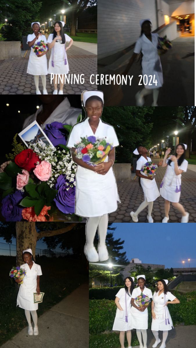 several pictures of women dressed in white and holding flowers