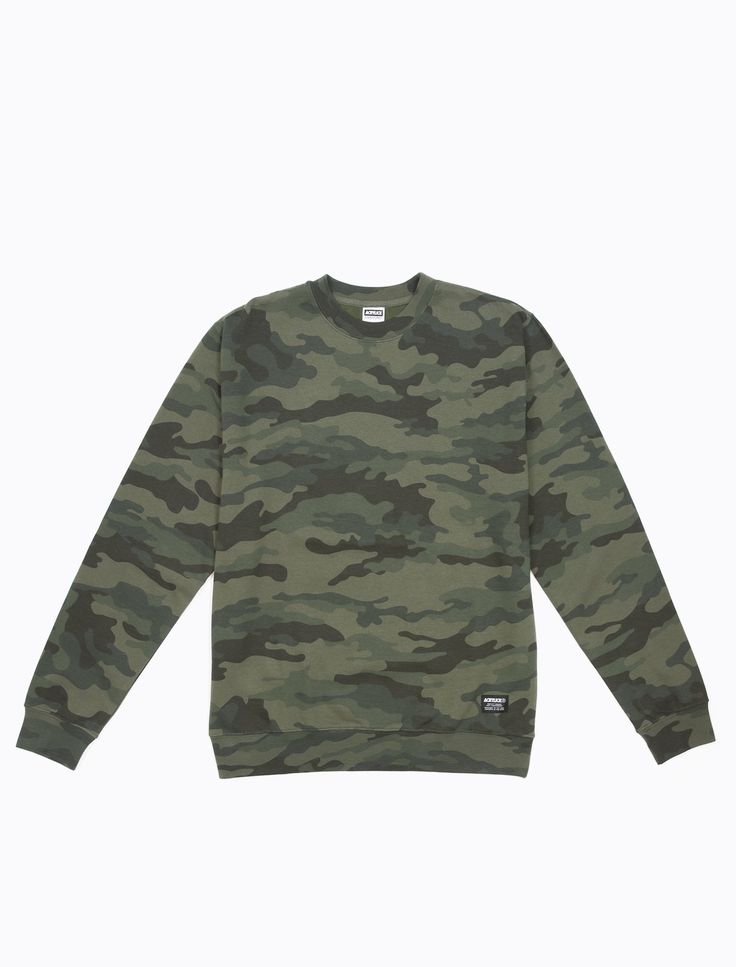 Our New Formation Camo Crewneck Sweater. 8.5 oz (280 gm) Cotton/Polyester blend fleece80% Cotton/20% Polyester. Split stitch double needle sewing on all seam. Twill neck tape. 1x1 ribbing at collar, cuffs and waistbandStandard FitImported. This Item Ships within 2-4 Business Days. Military Style Long Sleeve Sweatshirt For Streetwear, Military Long Sleeve Sweatshirt For Streetwear, Outdoor Crew Neck Sweatshirt With Fleece Lining, Camouflage Cotton Long Sleeve Sweatshirt, Military Style Long Sleeve Sweatshirt For Fall, Camouflage Cotton Crew Neck Sweatshirt, Fall Camouflage Crew Neck Sweatshirt, Casual Camouflage Crew Neck Sweatshirt, Winter Khaki Cotton Sweatshirt