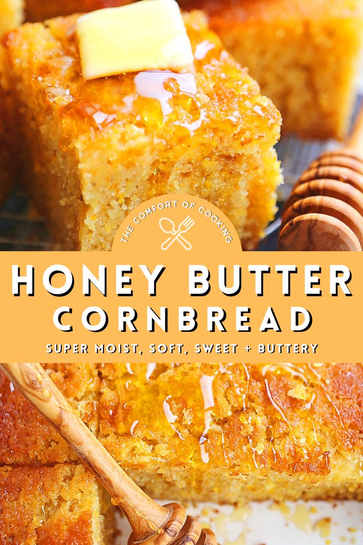 honey butter cornbread is cut into squares and served on a plate