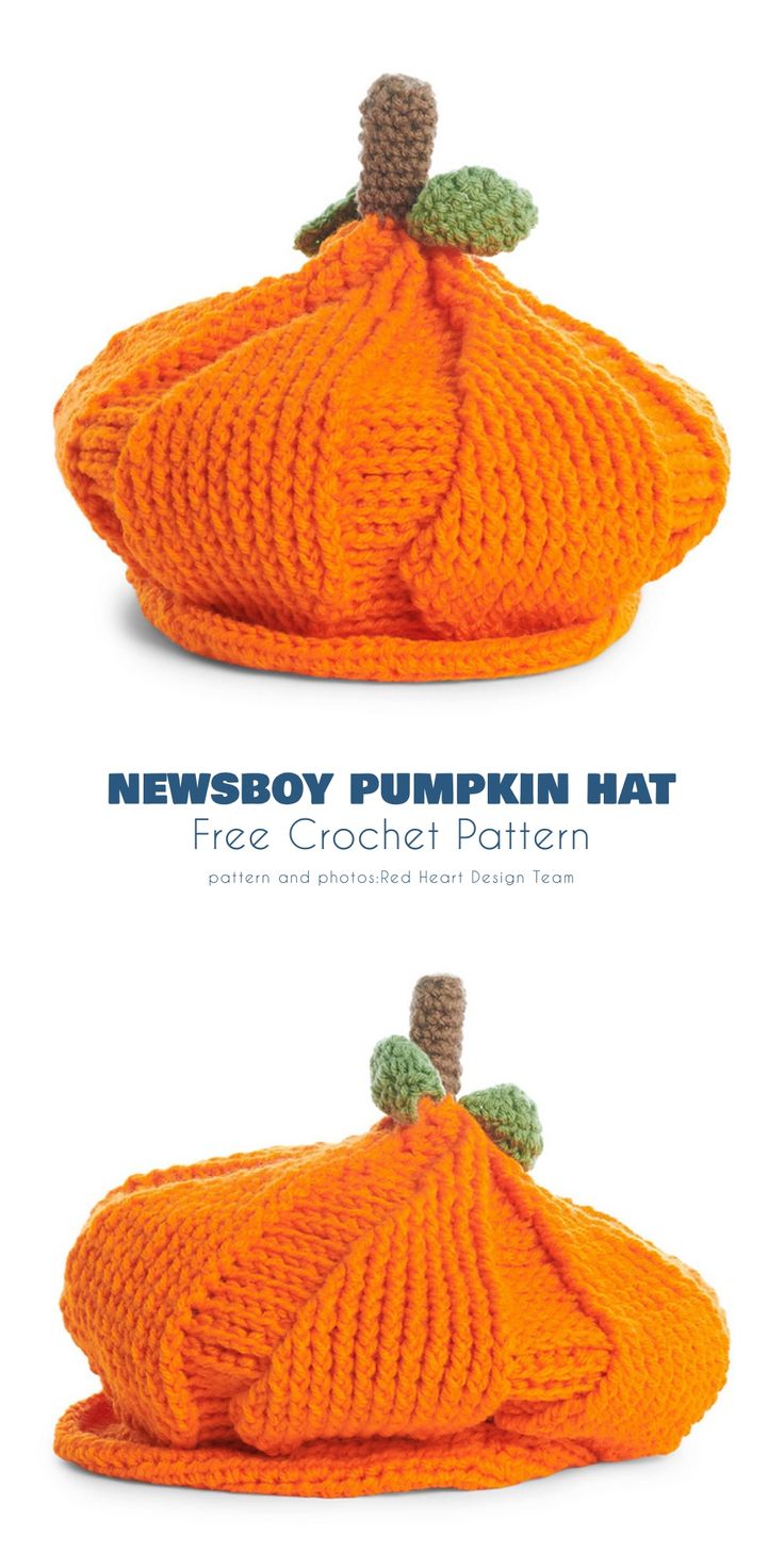 two knitted pumpkins sitting side by side on top of each other, with the words