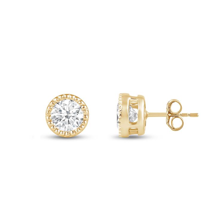 A round shaped milgrain halo perfectly surrounds a round stone for a vintage inspired look. This is a perfect pair of earrings for everyday with a unique vintage flair. These earrings are secured with a push backing. Classic Round Halo Design Earrings, Classic Round Halo Earrings, Classic Round Diamond Earrings With Halo, Classic Round Cut Diamond Earrings With Halo Setting, Classic Round Halo Diamond Earrings, Classic Halo Design Earrings For Anniversary, Classic Halo Earrings For Anniversary, Classic Halo Round Cut Earrings, Classic Yellow Gold Earrings With Halo Design