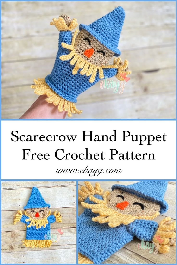 a crocheted scarecrow hand puppet is shown in three different pictures and the text below reads, scarecrow hand puppet free crochet pattern