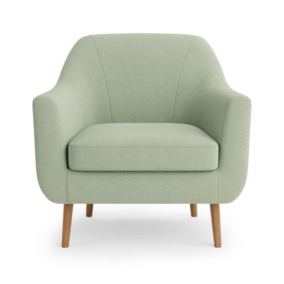 a light green chair with wooden legs and armrests on an isolated white background