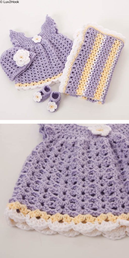 crocheted baby clothes and hat are shown in two different pictures, one is purple