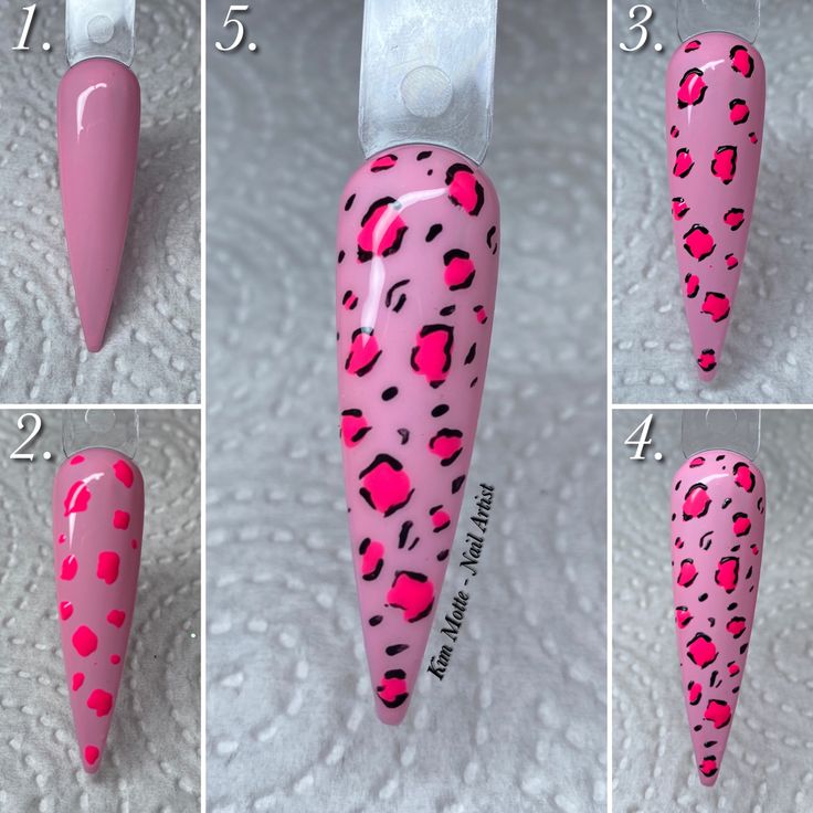 Nail Art Designs Step By Step, Line Art Nail Design, Nail Art Step By Step, Beginner Nail Designs, Leopard Nail Designs, Rosette Pattern, Pink White Nails, Print Nail Art, Cheetah Nail Designs