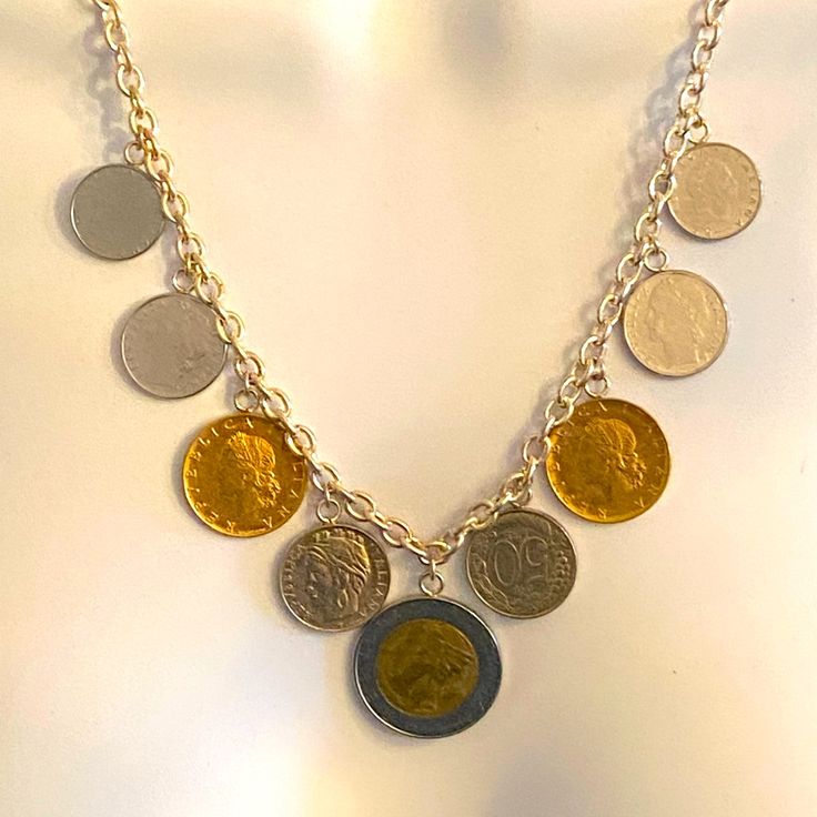 Brand New, Coin Necklace Made In Italy Stamped, Adorned With Different Denominations, Set In Precious Sterling Silver.925 Vintage Gold Metal Coin Necklace, Gold-tone Metal Coin Pendant Necklace, Vintage Bronze Coin Necklace, Gold-tone Metal Coin Necklace, Vintage Tarnish-resistant Coin Necklace, Coin Jewelry, Coin Necklace, Aesthetic Anime, Silver 925