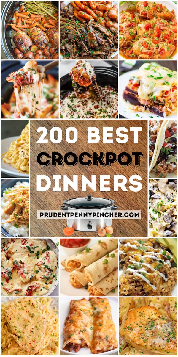 the top 20 crockpot dinner recipes with text overlay that reads, 200 best crockpot dinners