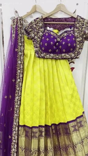 Yellow And Violet Pattu Saree, Orange And Violet Pattu Saree, Yellow And Purple Lehenga, Yellow And Purple Half Saree, Purple Pattu Blouse Designs, Lemon Yellow Colour Combinations Dress, Kanchipattu Half Sarees, Pattu Half Saree Colour Combinations, Kanchi Pattu Half Saree Designs