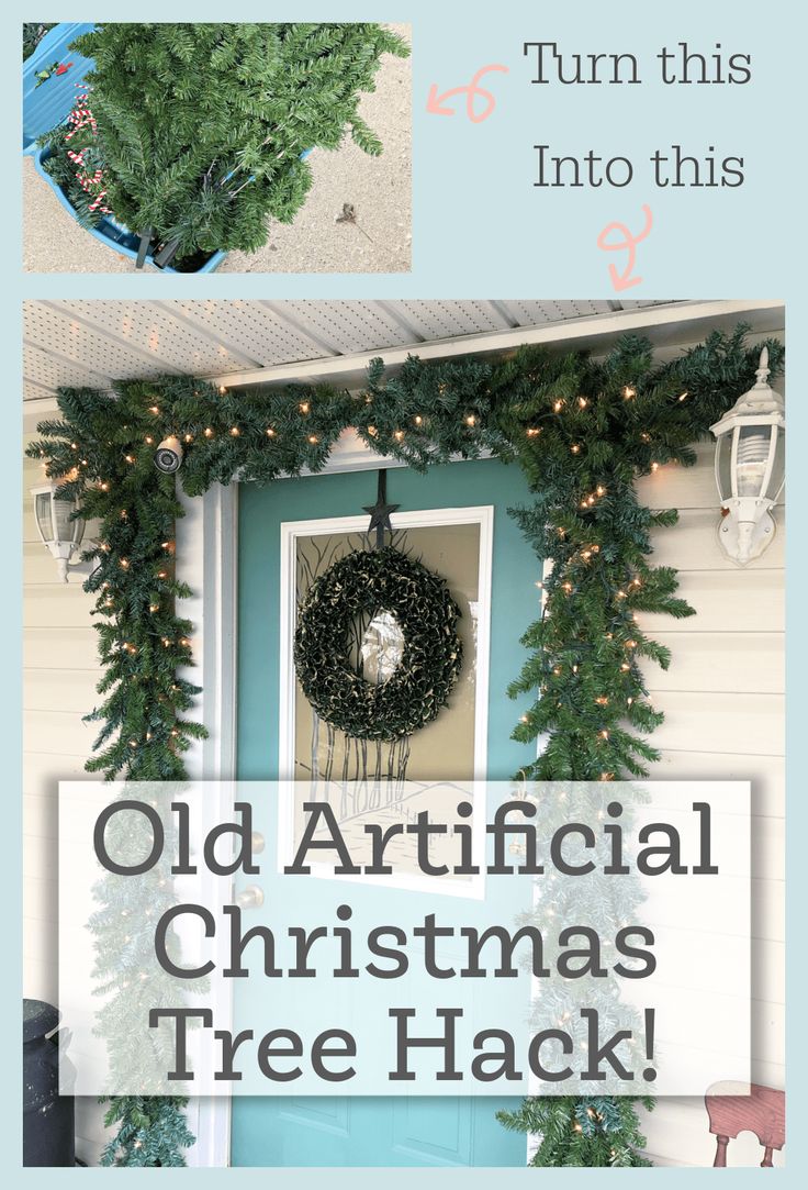 an old christmas tree has been decorated with garlands and lights to hang on the front door