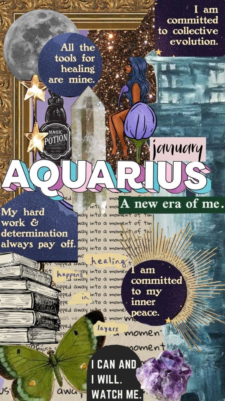 an altered collage with the words aquarius on it and images of books, butterflies, and flowers