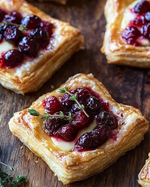 cranberry and cheese puff pastry bites on a wooden surface with fresh thyling sprigs