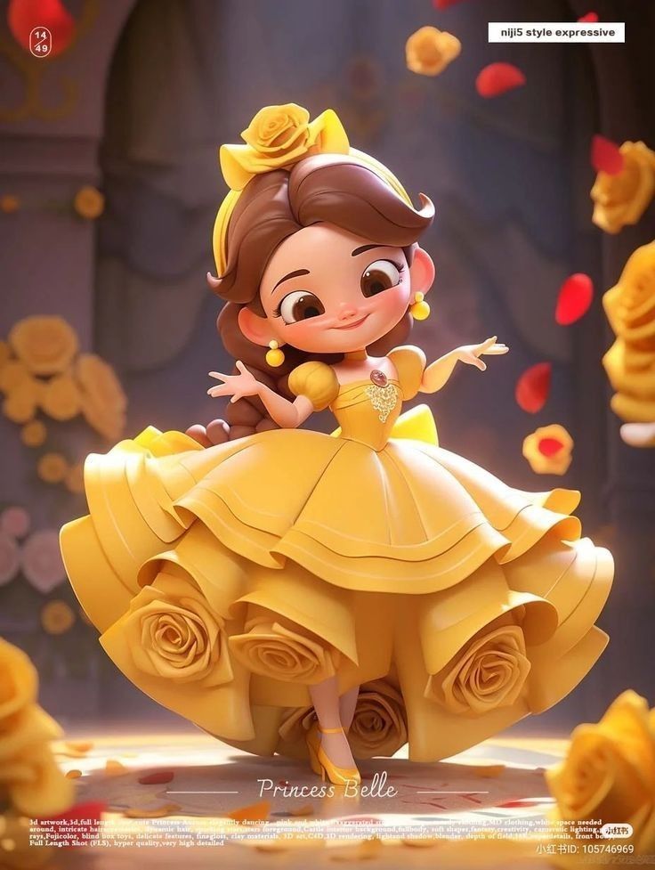 a cartoon character in a yellow dress with roses on the ground and petals around her