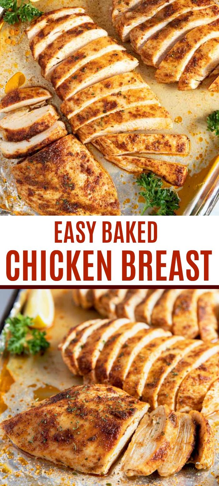 sliced chicken on a baking sheet with the words easy baked chicken in the middle and bottom