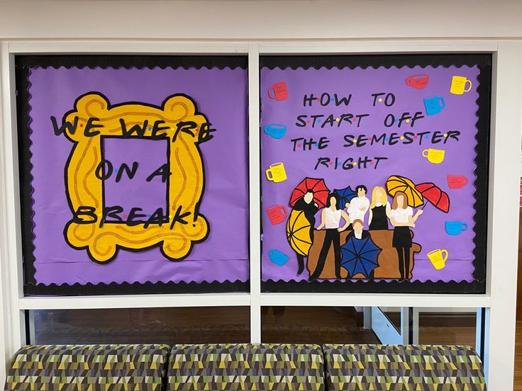 two bulletin boards with pictures on them in front of a window that says, how to start off the semester right?