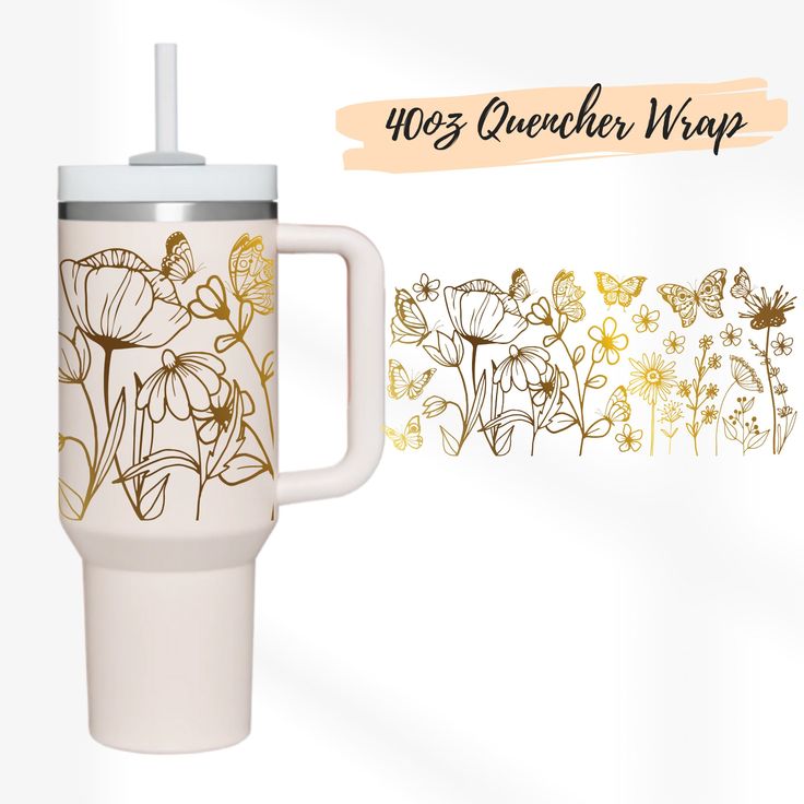 a white coffee mug with gold flowers and butterflies on the side, next to an illustration of a flower bouquet