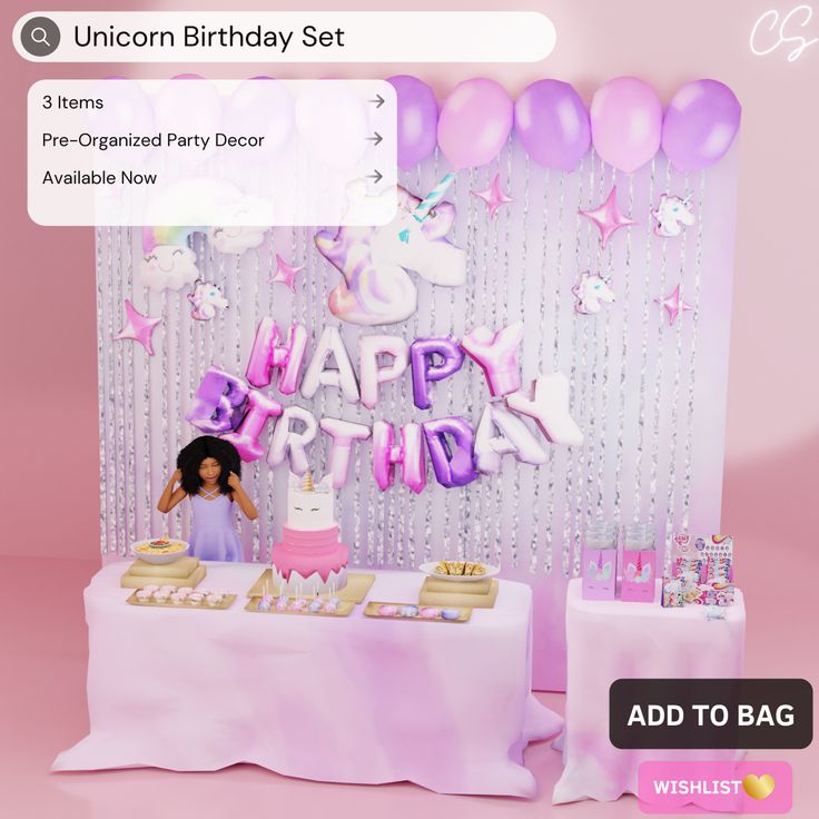 a pink unicorn birthday party set up with balloons, cake and cupcakes on the table