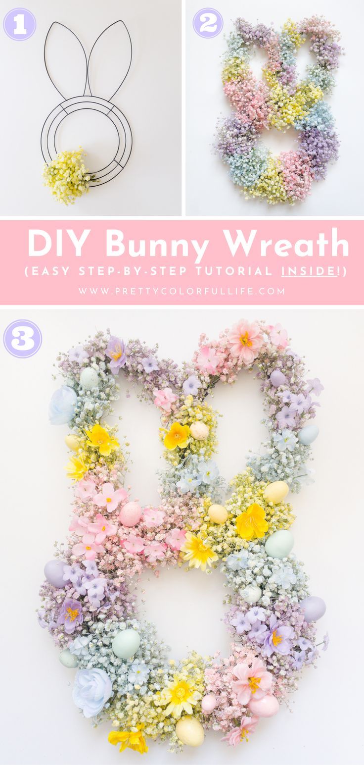 the instructions to make a bunny wreath with flowers on it and text overlay that reads diy bunny wreath easy step - by - step floral inside