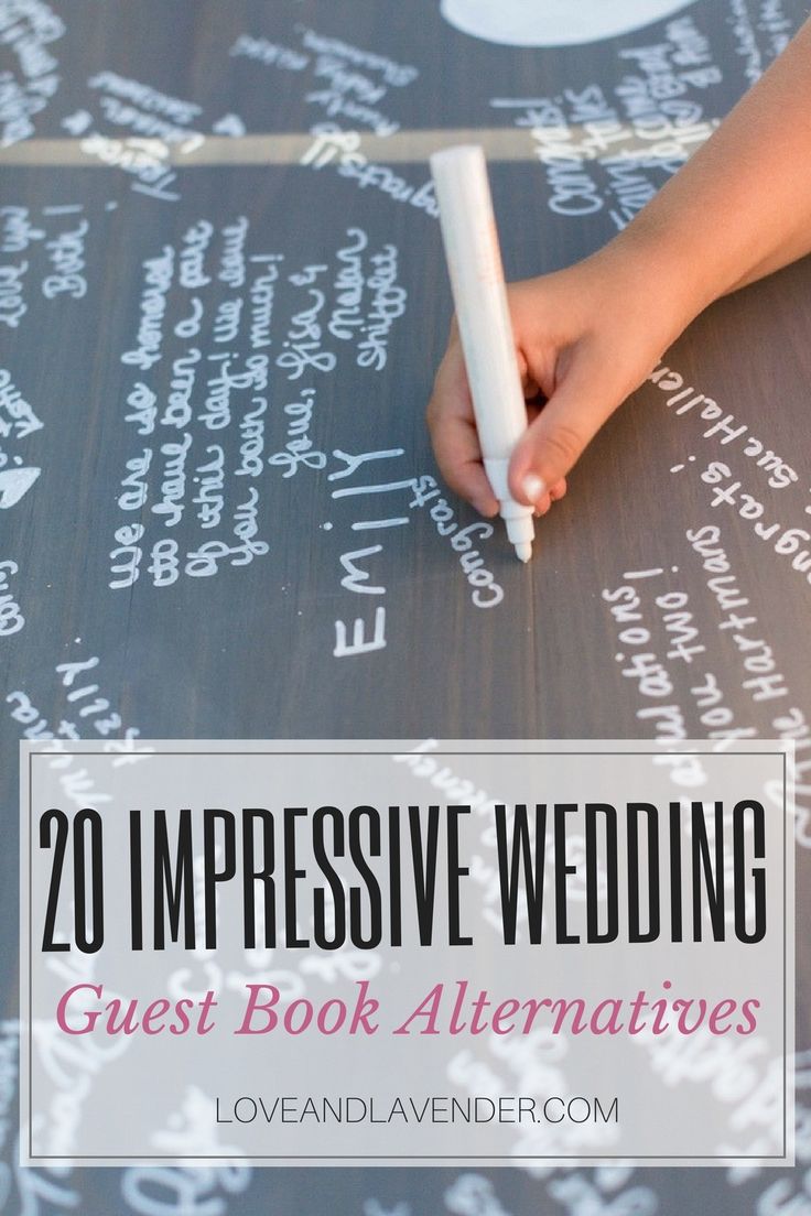 a person writing on a chalkboard with the words 20 impressive wedding guest book alternatives