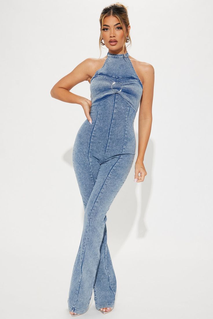 Available In Light Wash. Denim Jumpsuit Halter Mock Neck Bow Detail Hardware Detail Seam Flare Leg Stretch Disclaimer: Due To The Specialized Wash Process, Each Garment Is Unique. 56% Cotton 22% Polyester 20% Rayon 2% Spandex Imported | Kittie Denim Jumpsuit in Light Wash size Medium by Fashion Nova Stretch Denim Blue Jumpsuits And Rompers, High Rise Stretch Denim Jumpsuit, Spring Fitted Medium Wash Denim Jumpsuit, Stretch Denim Blue Overalls, High Rise Stretch Cotton Denim Jumpsuit, Fitted Medium Wash Denim Jumpsuit For Spring, Stretch Cotton Denim Jumpsuit In High Rise, Stretch Cotton Denim Jumpsuit High Rise, Stretch Cotton High-rise Denim Jumpsuit