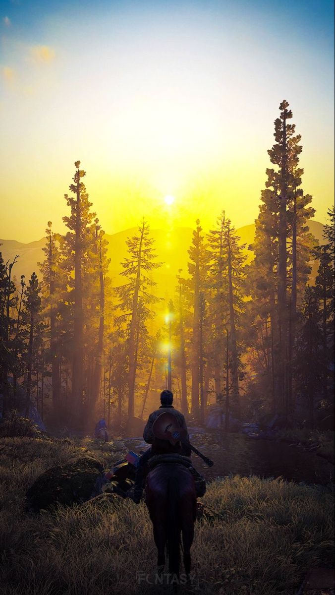 a man riding on the back of a horse through a lush green forest at sunset