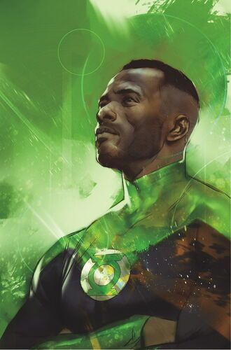 the green lantern is standing in front of an abstract background, with his hands on his hips