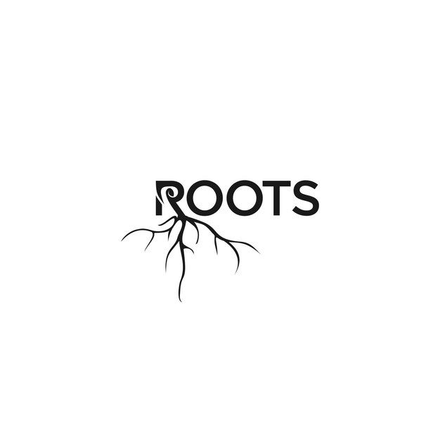 roots logo with the word roots in black and white on a white background, as well as an image of a tree branch