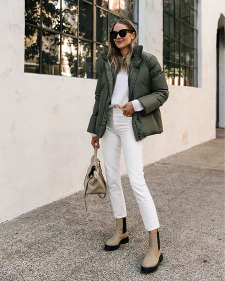 Puffer Jacket curated on LTK Winter Outfits Chic, Green Puffer Jacket, Puffer Jacket Outfit, Outfit Inspiration Women, Lug Boots, Chic Winter Outfits, Chic Fall Outfits, Fashion Jackson, Jenni Kayne