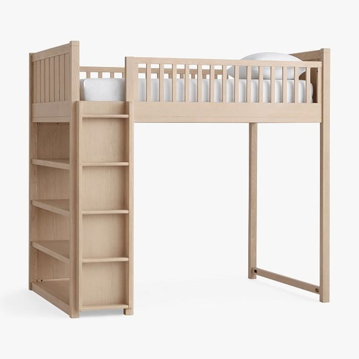 a wooden bunk bed with a ladder and bookcase underneath it, against a white background