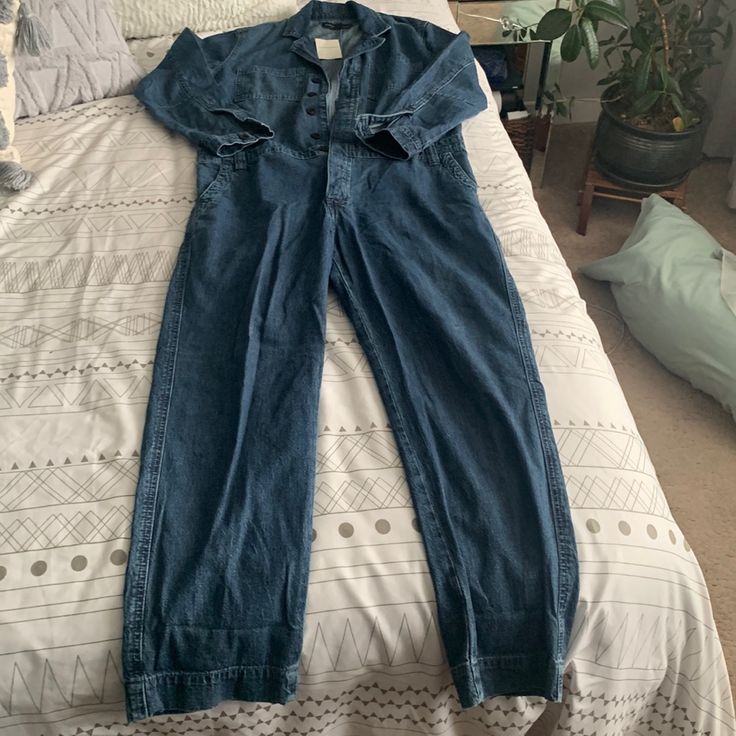 Nwt Denim Cropped Jumpsuit. Never Worn. Forgot I Had And Now Doesn’t Fit. High Rise Denim Blue Utility Jumpsuit, Medium Wash Cotton Denim Jumpsuit With Button Closure, Utility Denim Jumpsuit For Work In Medium Wash, Utility Style Denim Jumpsuit For Work, Straight Leg Overalls With Button Closure For Workwear, Fitted Washed Blue Jumpsuits And Rompers With Pockets, Fitted Cotton Jumpsuits And Rompers With Straight Leg, Fitted Cotton Jumpsuit With Straight Leg, Utility High Rise Denim Jumpsuits And Rompers