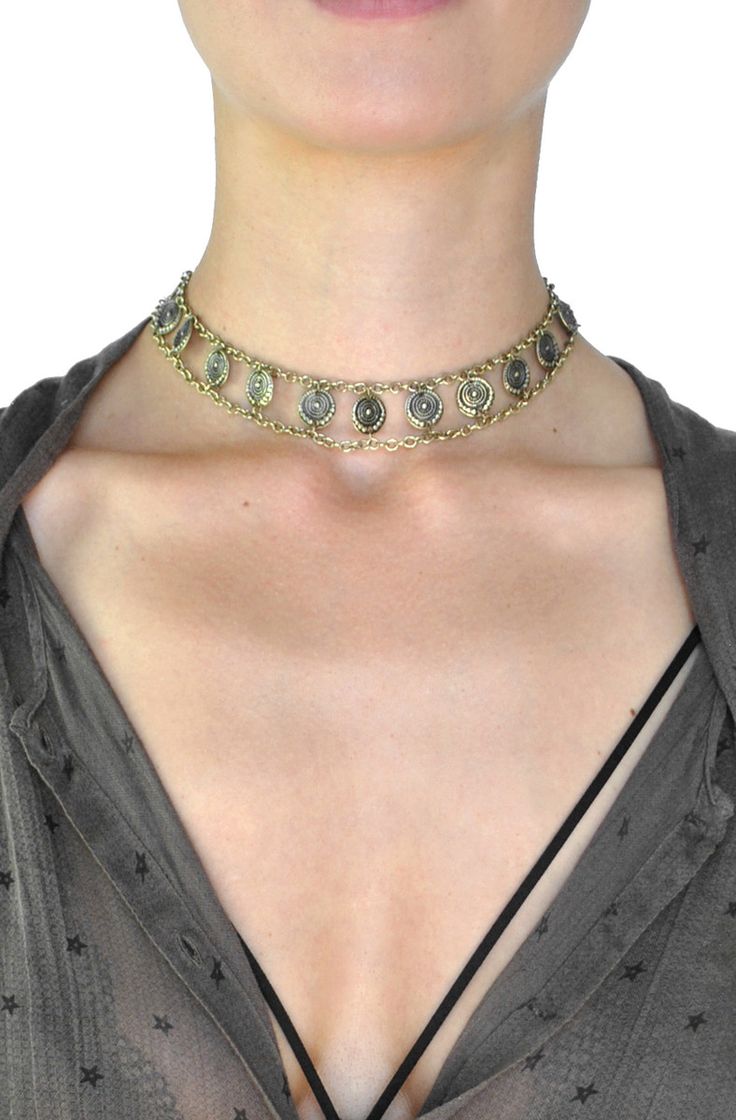 Bronze Metal Choker Jewelry, Metal Choker With Oxidized Finish, Adjustable Silver Brass Choker, Metal Round Choker For Festivals, Nickel Free Gold Metal Choker, Round Metal Choker For Festivals, Round Metal Choker For Festival, Adjustable Metal Coin Necklace, Gold Metal Festival Choker