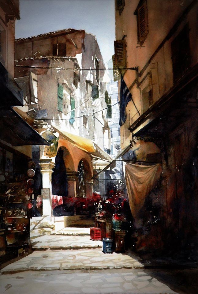 an oil painting of a narrow street with buildings in the background